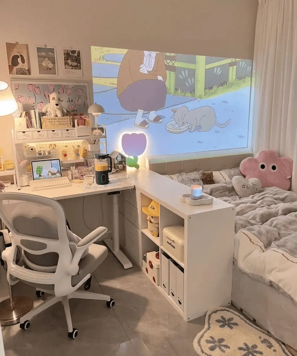 Cozy aesthetic room setup with standing desk, tulip lamp, and cute decor